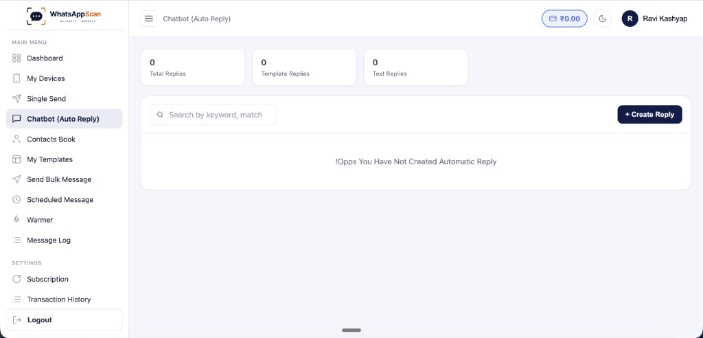 WhatsAppScan Chatbot Auto Reply screen showing reply stats and create flow