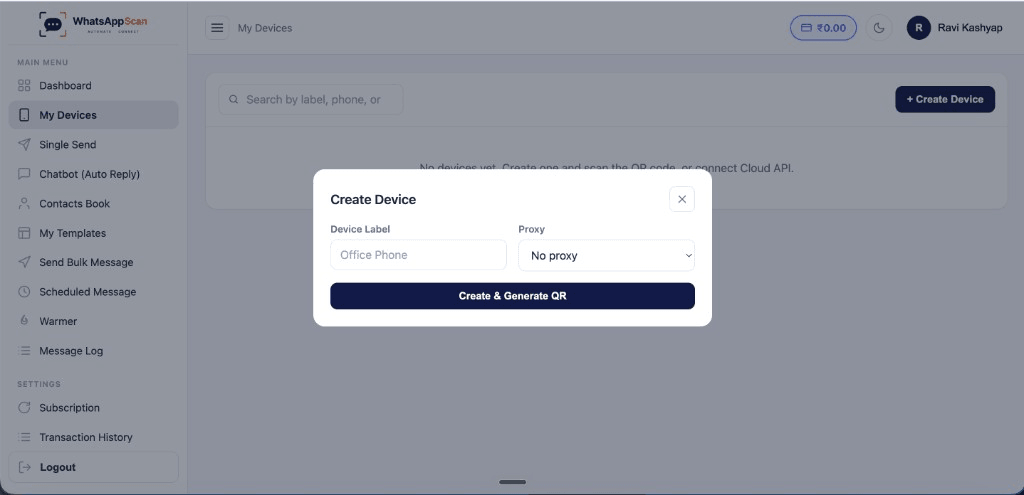 WhatsAppScan My Devices screen with Create Device modal for QR pairing