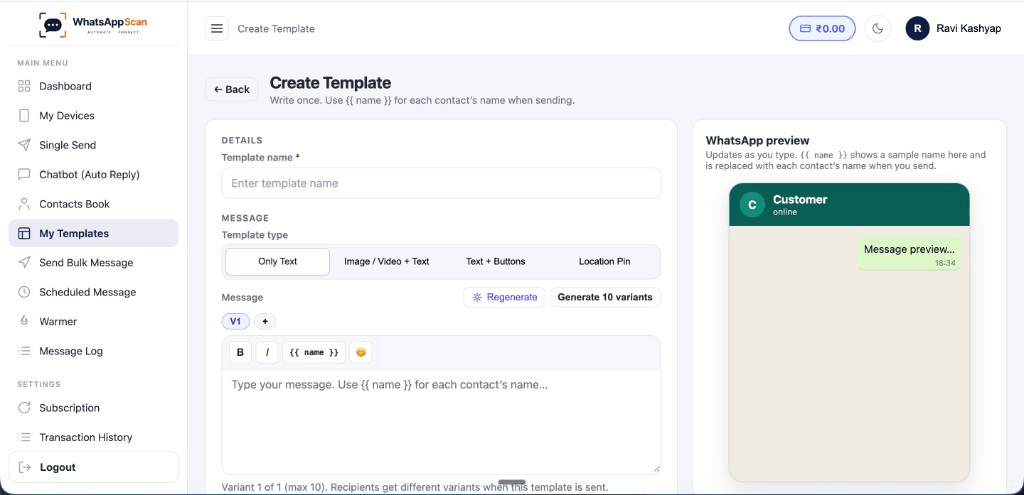 WhatsAppScan Create Template screen with message editor and WhatsApp preview